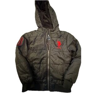 US Polo Assn Boys Puffer Jacket Black Hooded‎ Size S (6-7) Red Logo